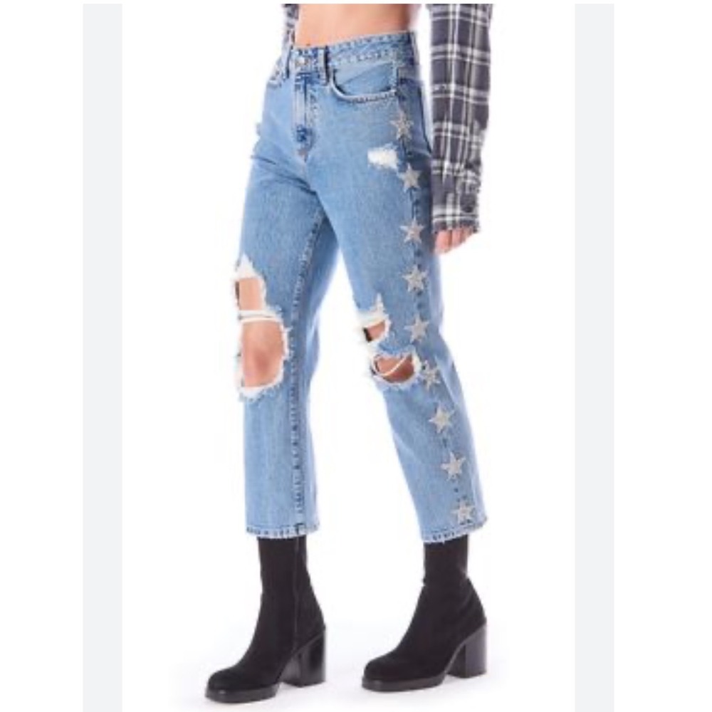Carmar Denim Rhinestone Star Distressed High Rise Straight Leg Jeans Blue 29